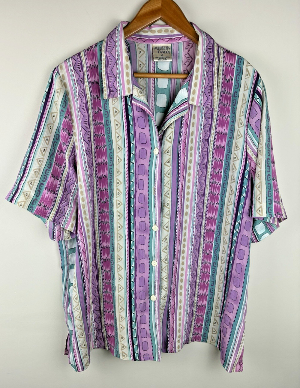 Vintage Allison Daley Women’s S 16 Purple Geometric Button Up Blouse Shirt Retro